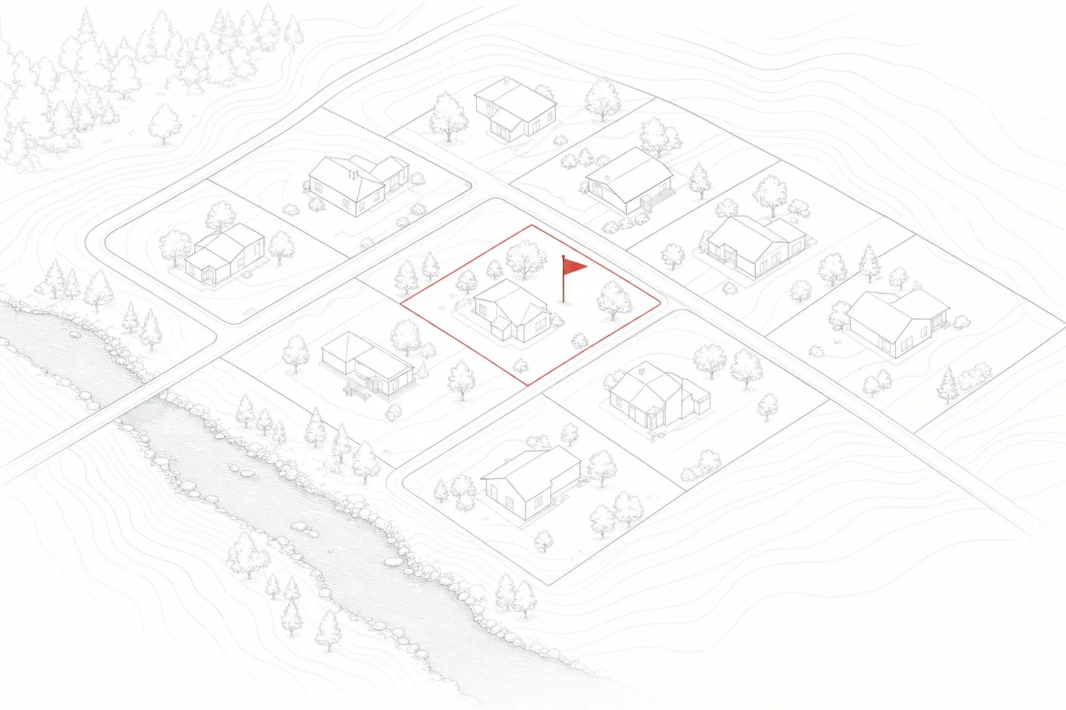 Home RedFlags sample screening — surveyor-style map of a neighborhood block with one flagged parcel